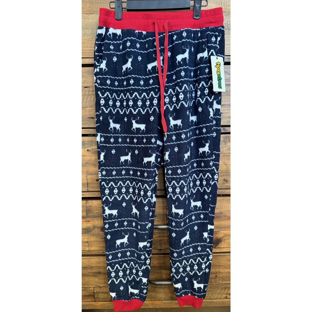 Tipsy Elves Pants Women's Sz M Blue Reindeer Fleece Jogger Sweatpants Fair Isle